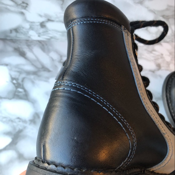 John Fluevog Black Chunky Platform Lace Up Combat Boots with Blue Angle Stripe - Picture 10 of 16